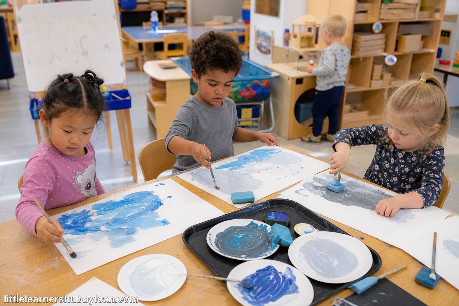Preschool children painting weather colors in classroom